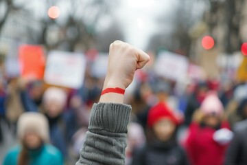 Determined Fist Raised in Solidarity at a Public Demonstration with Blurred Background