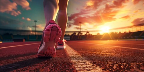 Close-up on a Runner's Shoes at Dusk on a Track Field with Dramatic Sunset Lighting