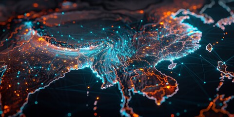 High-Tech Digital Network Visualization Over the Asian Continent - obrazy, fototapety, plakaty