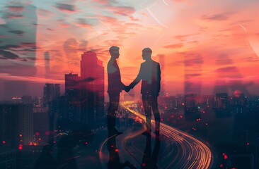 Business Partnership and Collaboration Concept with a Handshake Silhouette Over the Cityscape at Sunset