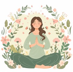 Tranquil Woman Meditating in Floral Circle for Wellness and Mindfulness Concepts