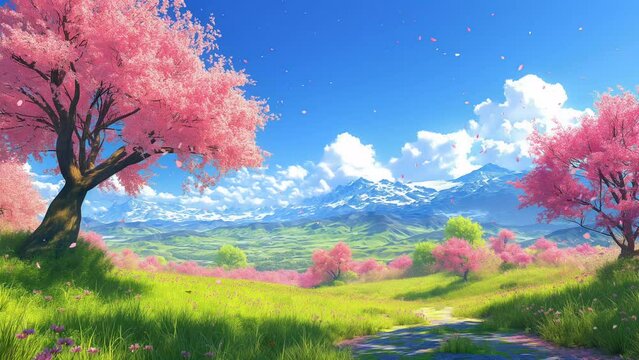 Spring landscape with green grass and cherry blossom trees. seamless looping 4k time-lapse animation video background