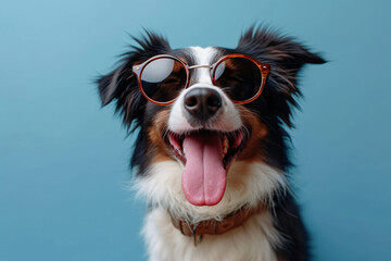Closeup portrait of cute funny dog in fashion sunglasses on bright blue background. Border collie ready for summer vacation or holiday. Fashion, style, cool pet concept with copy space	 - obrazy, fototapety, plakaty