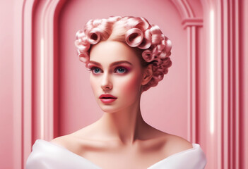 A woman with vintage pink pin-up style hair and makeup, depicted in pastel tones against a pink architectural backdrop.