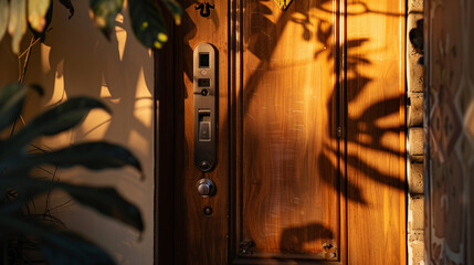Fototapeta premium Closeup portrait of wooden entrance door in a modern minimalist home, plants in the side of the door, evening sunset with shadows, smart door lock concepts for modern houses