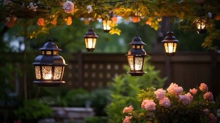 A garden gazebo adorned with hanging lanterns