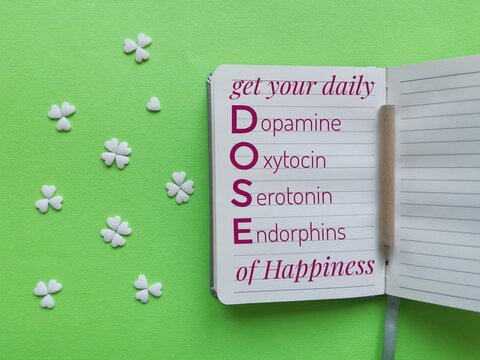 Happy brain chemicals written on a sheet of paper with decorations in the shape of heart and clover. DOSE of hormones for mental health. Dopamine, Oxytocin, Serotonin, Endorphin. Hormones of happiness