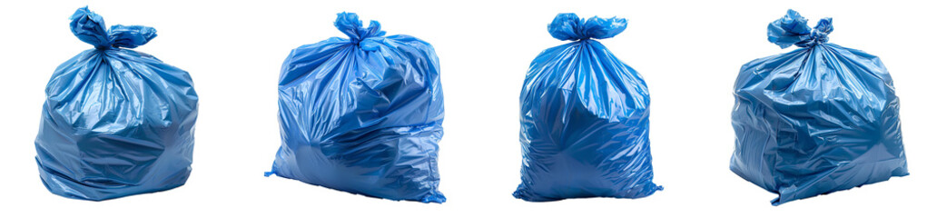 Blue garbage bag set PNG. Blue plastic trash bag PNG. Blue trash bag isolated. Recyclable Trash bag PNG - obrazy, fototapety, plakaty