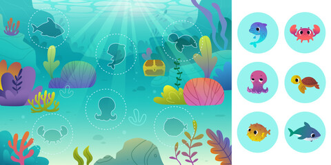Fototapeta na wymiar Cartoon board game with sea animals. Cute vector game set with ocean floor and underwater animals.