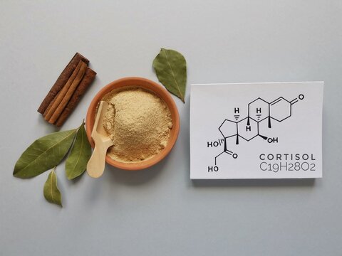 Structural chemical formula of cortisol (a steroid hormone) with ashwagandha powder. Cortisol is a stress hormone. Ashwagandha food supplements for stress and anxiety, medical concept.