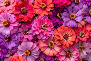 Abstract background with red and pink zinnia flowers, top view. Background of zinnia flowers in pink, red and purple colors with colorful blooms