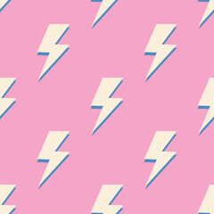 Retro vector seamless pattern with lightning. Flat design.  Yellow lightnings on pink background.