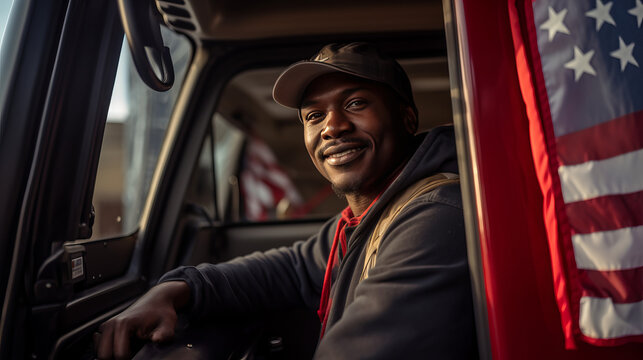Afro American Man Truck Driver look out from Cab Of His Truck, background An American Flag.
