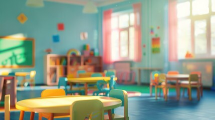 kindergarten room with children , blured image 