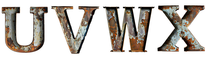 Old rusty metal alphabet Letter U, V, W, X Isolated on transparent background cutout - Generative AI	