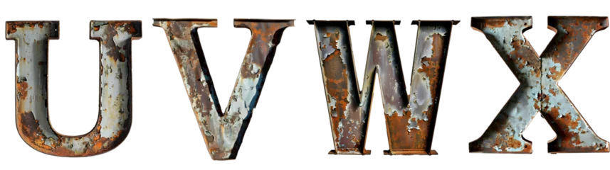Foto op Plexiglas Old rusty metal alphabet Letter U, V, W, X Isolated on transparent background cutout - Generative AI  © thilina