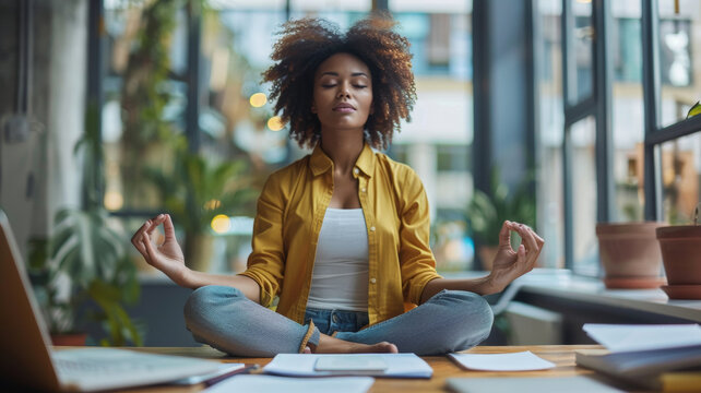 A woman in a state of zen meditation in a bright, airy space.