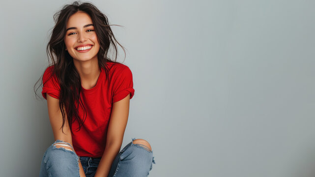 Indian woman wear red t-shirt smile laugh out loud isolated