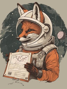 A fox in a sleek space helmet holding a map to hidden treasures of undervalued stocks
