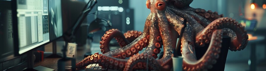 Octopus CEO, running business, office hustle, screens , vray - obrazy, fototapety, plakaty