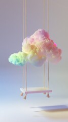 A cloud shaped swing hanging from a rope with clouds in the sky, AI