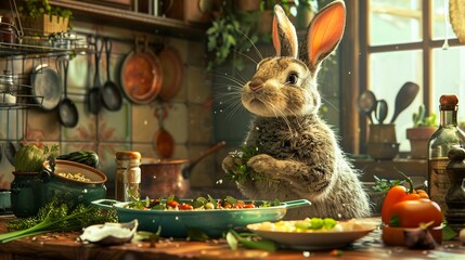 Rabbit hosting cooking show gourmet dish prep