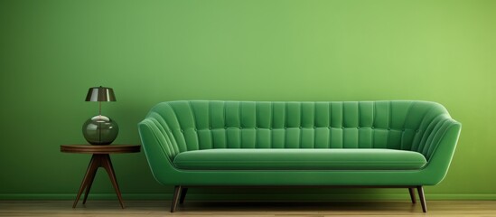 Green sofa with table on green wall and wooden flooring.