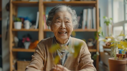 likeable enthusiastic 85 year old ethnically ambiguous tan woman cracking up while mid-sentence telling a story while sitting at desk 