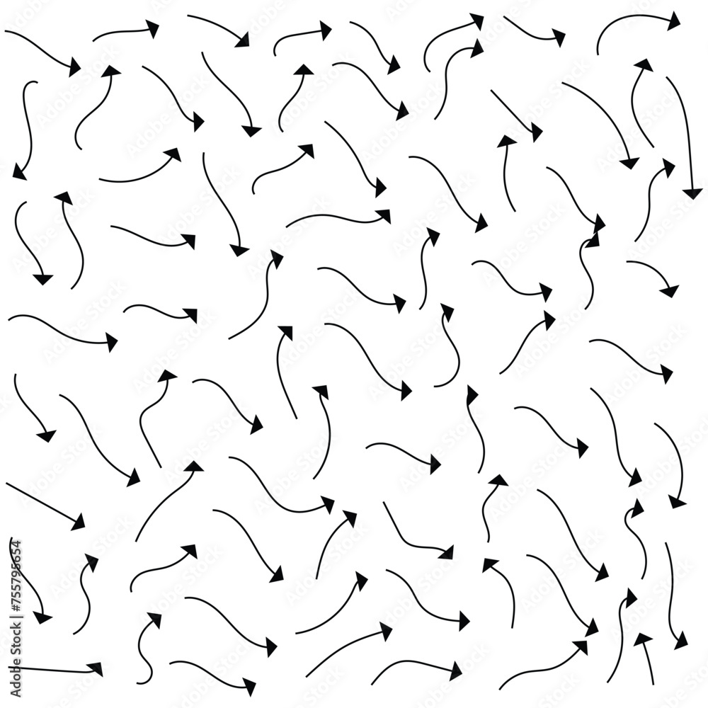 Poster doodle arrows. hand drawn line pointers, pencil sketch elements, round curly wavy direction arrows. 