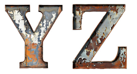 Old rusty metal alphabet Letter Y, Z Isolated on transparent background cutout - Generative AI	