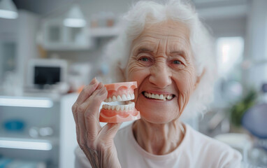 An elderly woman with snow-white hair joyfully presents a set of dentures in a dental clinic, a testament to the life-enhancing benefits of dental prosthetics. - obrazy, fototapety, plakaty
