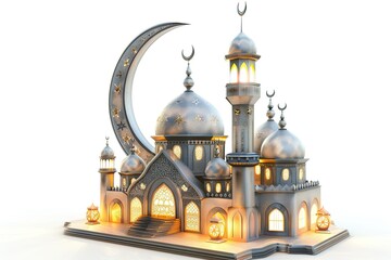 Obraz premium beautiful grey mosque image, crescent moon and islamic lantern with light isolated on white background 