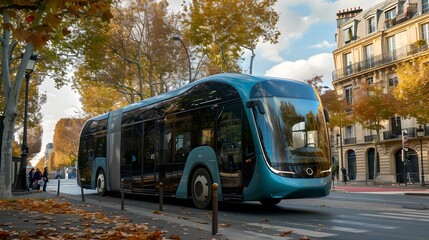 Obraz premium Futuristic autonomous bus on a sunny city street, public transport of the future, contemporary urban mobility concept. AI