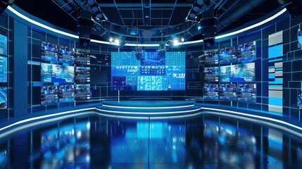 news television studio with monitors wall frontal view - obrazy, fototapety, plakaty