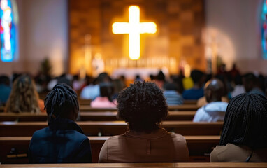 Parishioners sit reverently in a church, their attention directed towards a brightly lit cross. The atmosphere is one of contemplation and communal faith. - obrazy, fototapety, plakaty