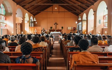 A full church observes a sermon, with attendees focused on the pastor's message. The setting conveys a sense of tradition and collective worship.