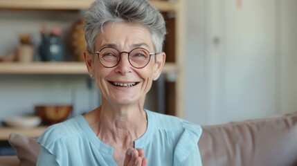 Older Caucasian woman with short, styled grey hair, She is wearing round glasses with a black frame and a light blue blouse - Powered by Adobe