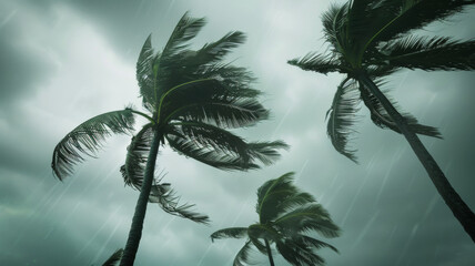 Palm trees sway dramatically under a moody, stormy sky with rain streaks.