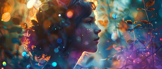 A young woman's profile is bathed in a warm orange light, surrounded by an abstract blur of foliage. The image captures a quiet moment of reflection amidst a vibrant, glowing ambiance.