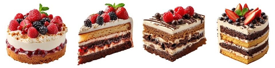 Set of different cakes with berries isolated on transparent background