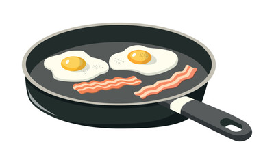 Fried eggs with bacon in a frying pan. Breakfast illustration. Isolated on white background