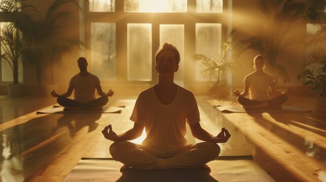 photo people exercising yoga sitting on mat in lotus pose with close eyes in light gym minimalism with copy space