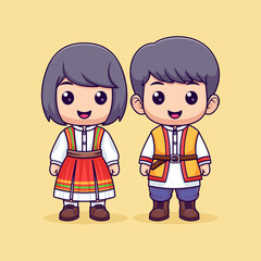 Cute boy and girl in traditional armenian clothes vector icon illustration