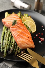 Tasty grilled salmon with asparagus, lemon and spices served on table, closeup