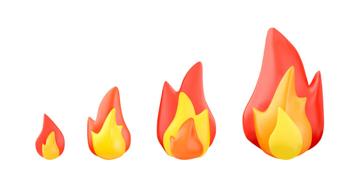 Burning bonfires or campfires, 3D realistic vector set, different sizes and shapes of flame, degrees combustion of fire