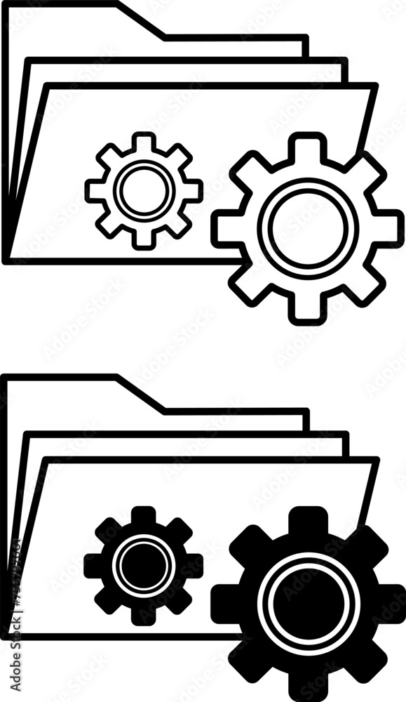 Poster data management icons. black and white vector icons. folder with files and gears. concept of managem