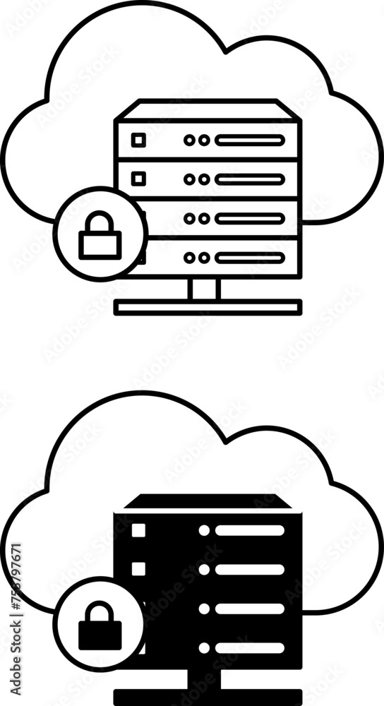 Poster hosting icons. black and white vector icons of computer server, cloud, and castle. posting informati