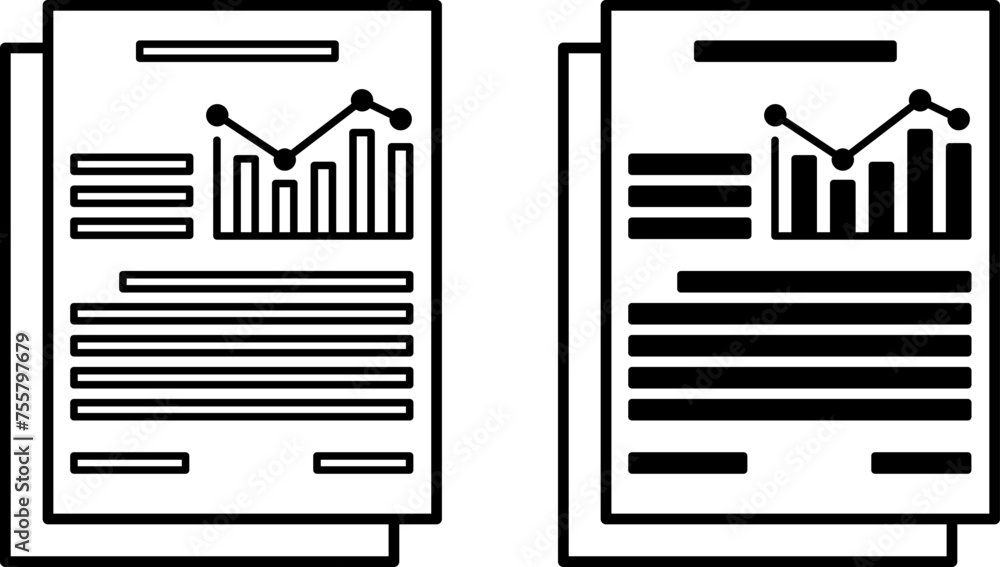 Poster report icons. black and white vector icons. financial document with chart and records. finance and d
