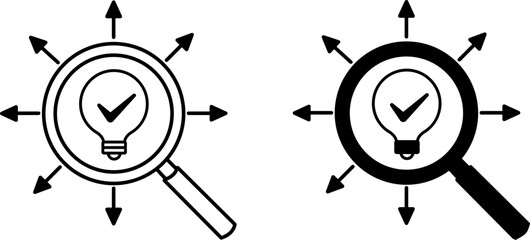 Research icons. Black and White Vector Icons of Light Bulb in Magnifying Glass. Data Analytics Concept