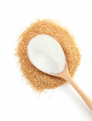 Different types of sugar and spoon isolated on white, top view